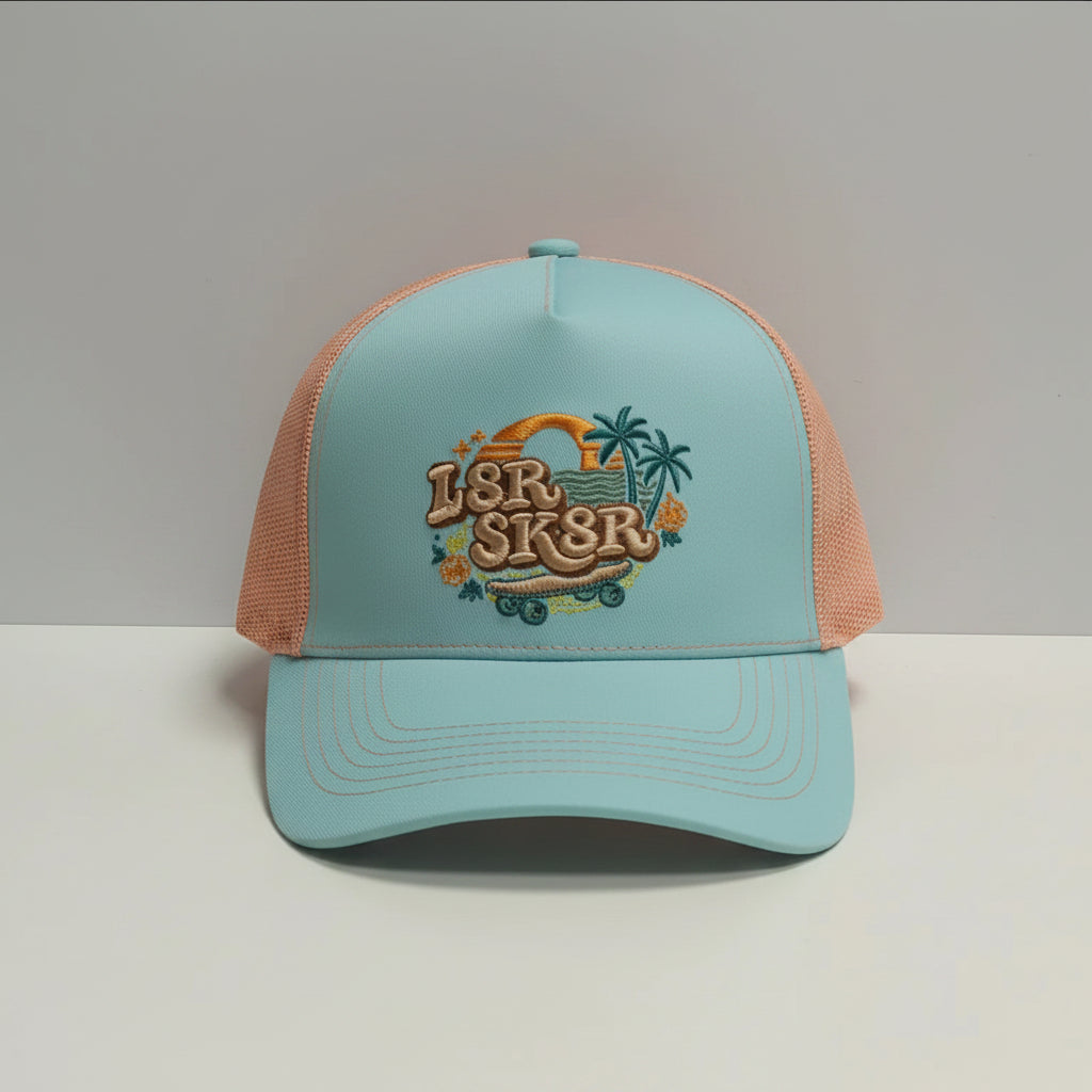 Light blue and orange Trucker cap with 'LSR SK8R' logo 